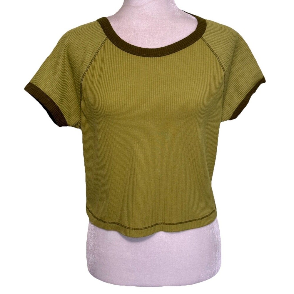 Women’s Green Retro Sporty Ringer Cropped Tee Streetwear Casual Normcore XXL